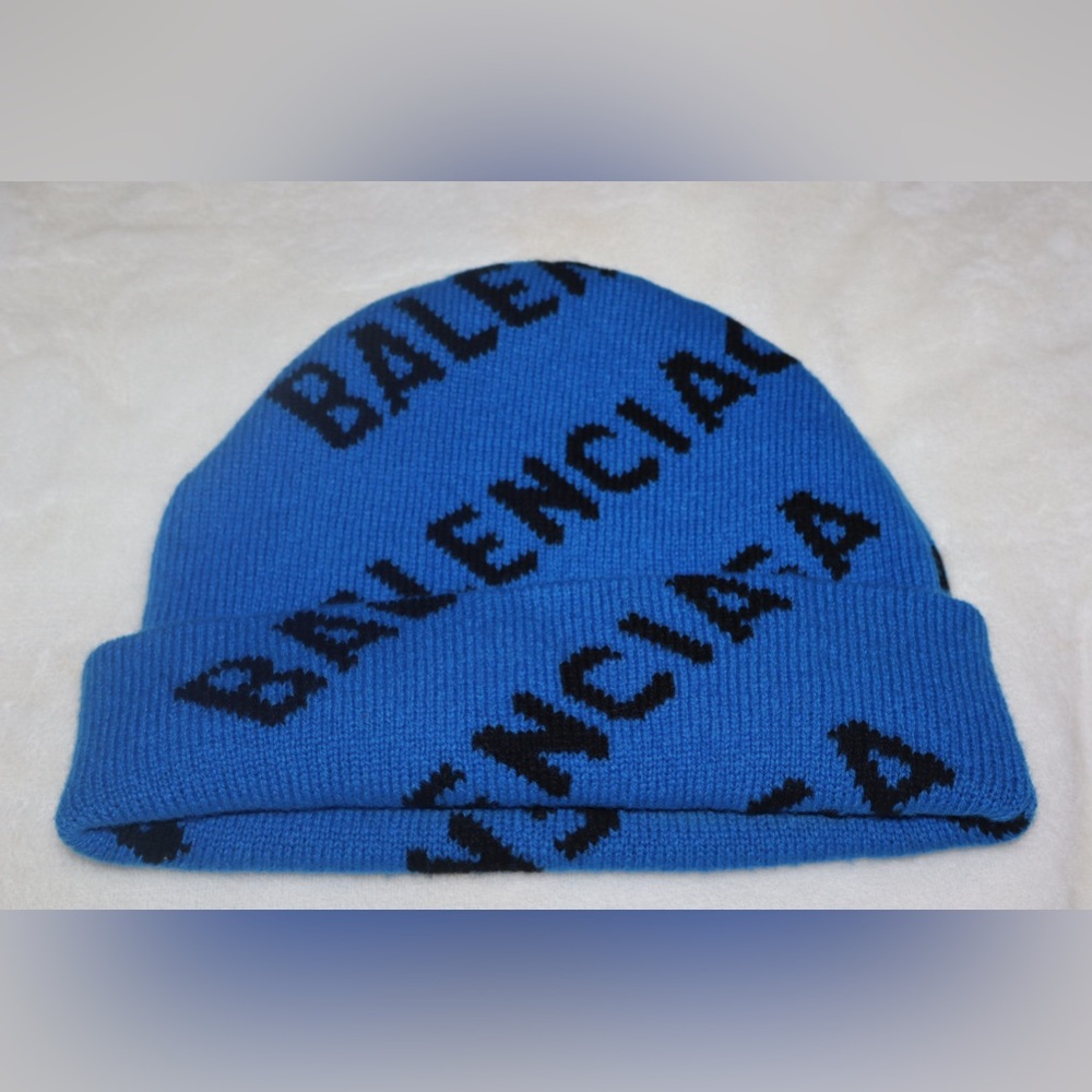 Balenciaga Allover Logo Beanie in Blue Wool